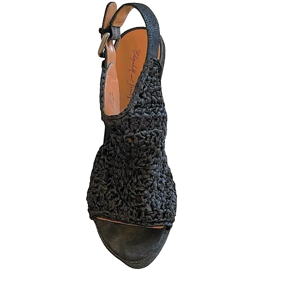 Elizabeth & James Halo Black Suede & Crochet Sling Back Wedge Platform Shoe Sz 8